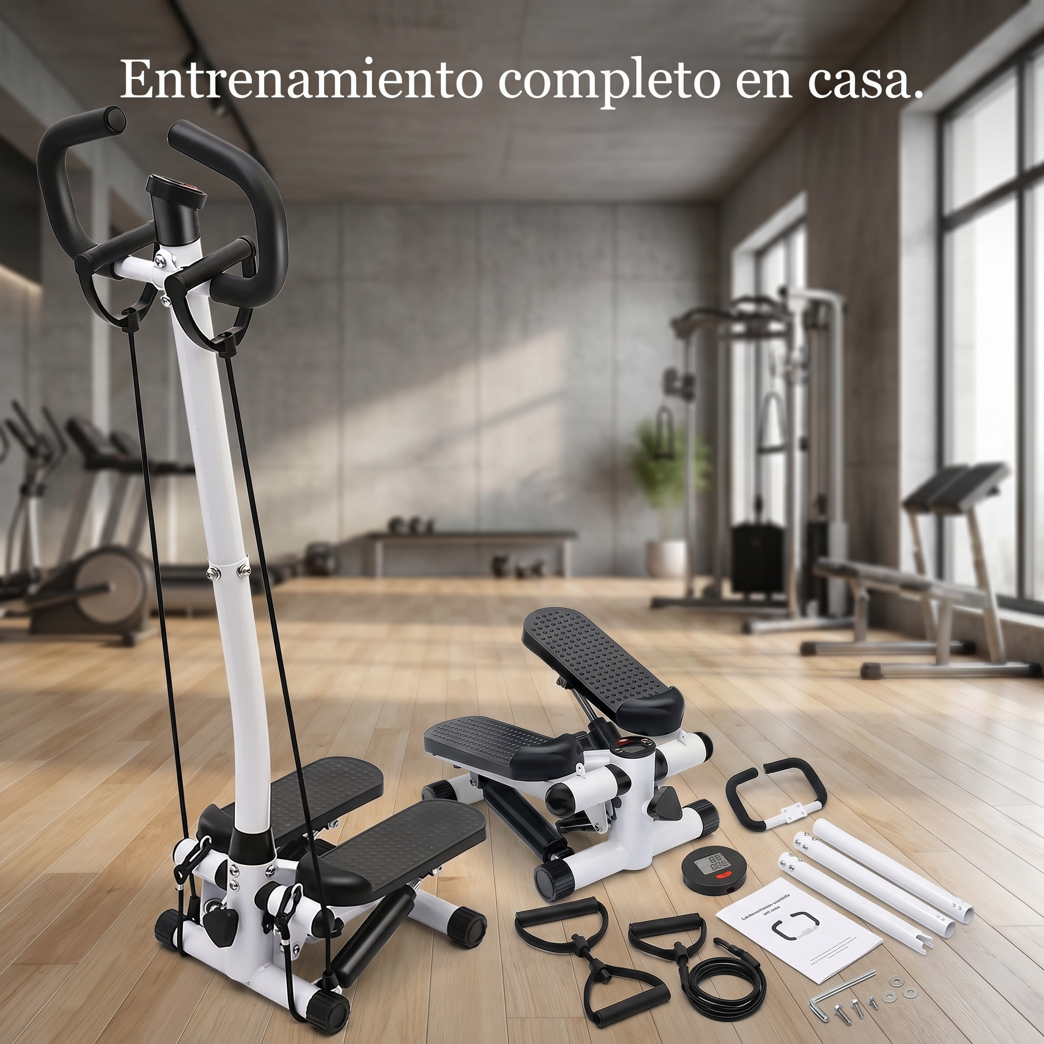 Mini escaladora compacta con bandas de resistencia y manillar: equipo de fitness versátil para todo el cuerpo, ideal para entrenamientos en casa, capacidad de 100 kg (220 lbs).